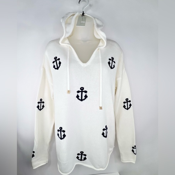 NWT Rachel Zoe Hooded Anchor Sweater Cream Nautical Boat Beach Woman’s size M - Picture 2 of 9